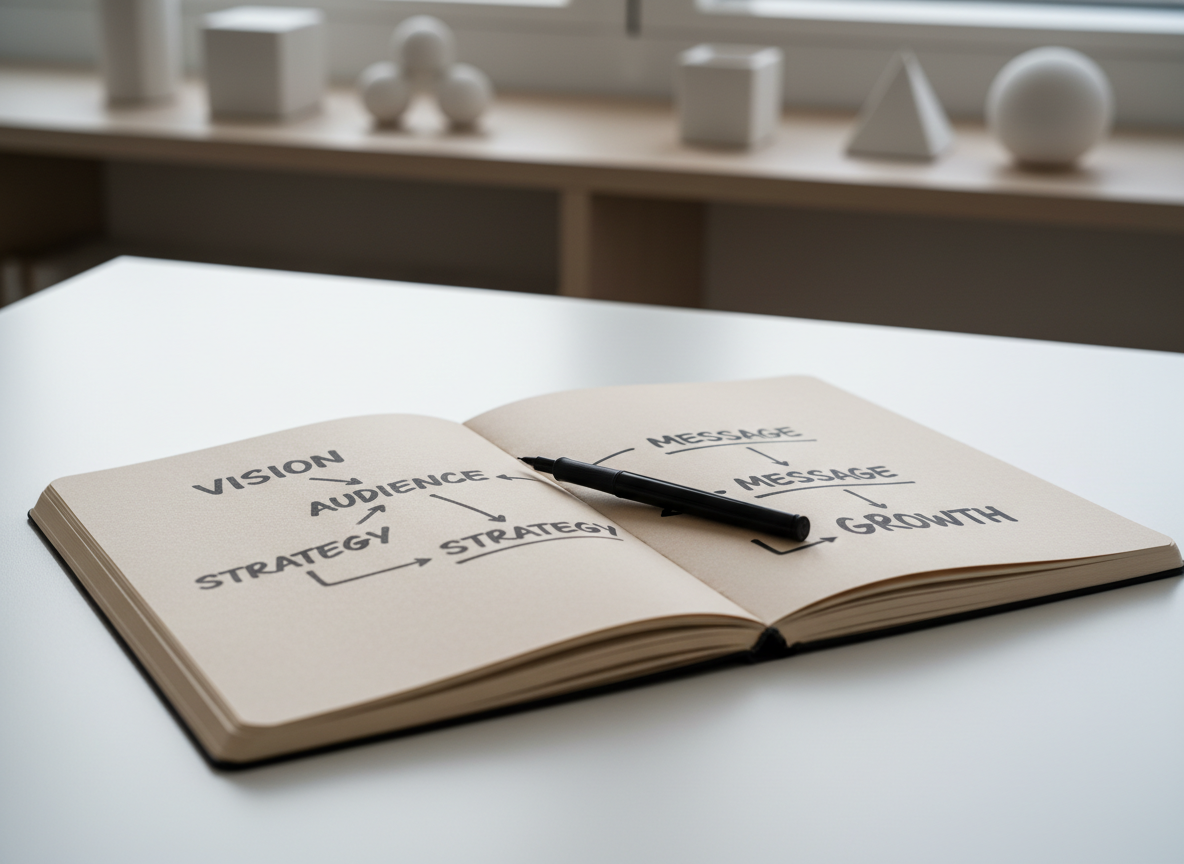A meticulously organized white desk featuring a single open kraft-brown notebook with thick, unlined pages, its surface filled with neatly sketched brand diagrams and bold keywords in dark ink. A fine-tip black pen rests diagonally across the center spread. The desk sits in front of a large, unseen window, with soft, diffused daylight washing across the pages and creating gentle, directional shadows. In the blurred background, neutral-toned shelves with simple geometric objects hint at strategy and structure. Photographic realism, clean and modern, shot at eye level with a shallow depth of field, emphasizing clarity, focus, and the feeling of seeing a brand plan come into sharp, confident view.
